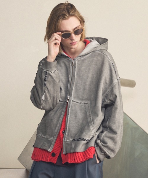 UNISEX》Over-Dye Embroidery Prime-Over Sweat Zip Hoodie/オーバー