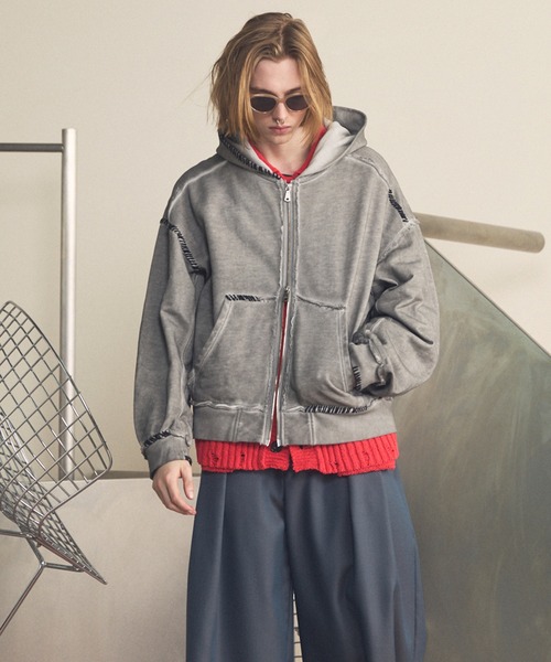 UNISEX》Over-Dye Embroidery Prime-Over Sweat Zip Hoodie/オーバー