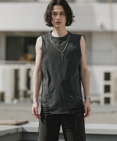 Theater code（シアターコード）の「Chain Design Distressed Wash Tank Top / チェーンデザイン ウォッシュ加工 ダメージタンクトップ 2026年春夏（タンクトップ・メンズ・ブラック/グレー・M/L）」の3枚目の写真