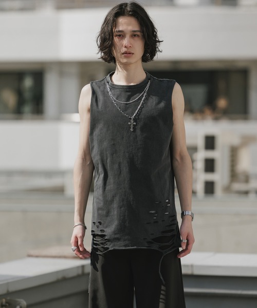 Theater code（シアターコード）の「Chain Design Distressed Wash Tank Top / チェーンデザイン ウォッシュ加工 ダメージタンクトップ 2026年春夏（タンクトップ・メンズ・ブラック/グレー・M/L）」の4枚目の写真