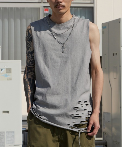 Theater code（シアターコード）の「Chain Design Distressed Wash Tank Top / チェーンデザイン ウォッシュ加工 ダメージタンクトップ 2026年春夏（タンクトップ・メンズ・ブラック/グレー・M/L）」の14枚目の写真