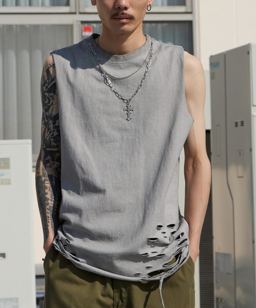 Theater code（シアターコード）の「Chain Design Distressed Wash Tank Top / チェーンデザイン ウォッシュ加工 ダメージタンクトップ 2026年春夏（タンクトップ・メンズ・ブラック/グレー・M/L）」の15枚目の写真