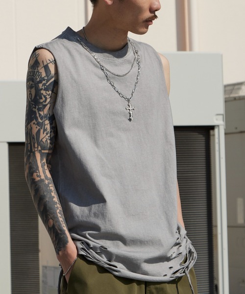Theater code（シアターコード）の「Chain Design Distressed Wash Tank Top / チェーンデザイン ウォッシュ加工 ダメージタンクトップ 2026年春夏（タンクトップ・メンズ・ブラック/グレー・M/L）」の16枚目の写真