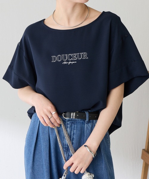 COLLAGE GALLARDAGALANTE(コラージュガリャルダガランテ)の「袖アレンジジョーゼットロゴT(Tシャツ/カットソー・レディース・レモンイエロー/オフホワイト/ネイビー・FREE)」の2枚目の写真