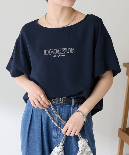 COLLAGE GALLARDAGALANTE(コラージュガリャルダガランテ)の「袖アレンジジョーゼットロゴT(Tシャツ/カットソー・レディース・レモンイエロー/オフホワイト/ネイビー・FREE)」の6枚目の写真