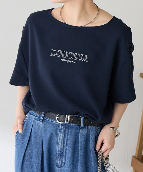 COLLAGE GALLARDAGALANTE(コラージュガリャルダガランテ)の「袖アレンジジョーゼットロゴT(Tシャツ/カットソー・レディース・レモンイエロー/オフホワイト/ネイビー・FREE)」の7枚目の写真