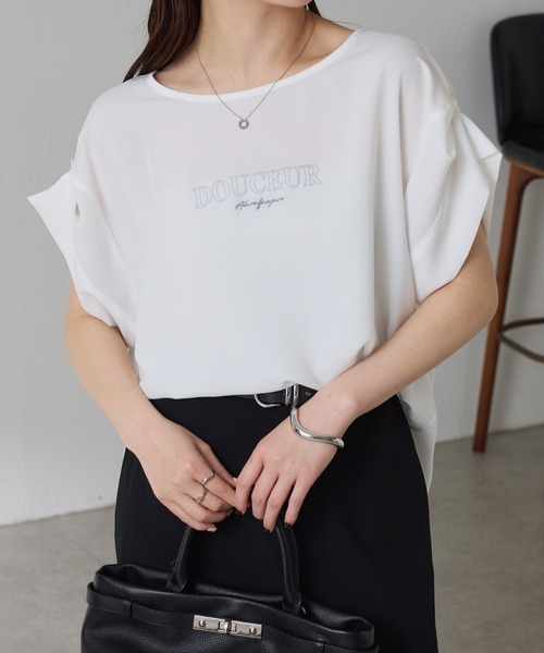 COLLAGE GALLARDAGALANTE(コラージュガリャルダガランテ)の「袖アレンジジョーゼットロゴT(Tシャツ/カットソー・レディース・レモンイエロー/オフホワイト/ネイビー・FREE)」の5枚目の写真