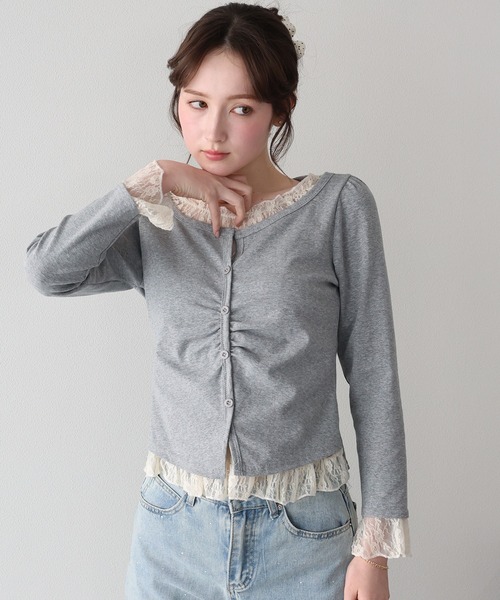 BLUEEAST（ブルーイースト）の「レースレイヤードギャザーTシャツ（Tシャツ/カットソー・レディース・ブラック/グレー/イエロー・MEDIUM）」の2枚目の写真