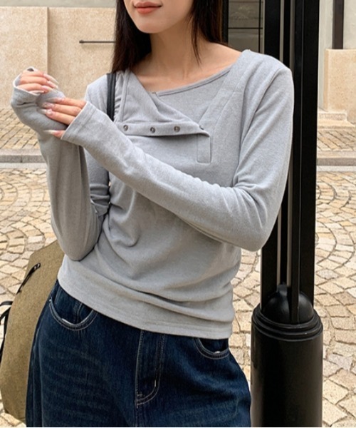 Vipoa（ヴィポア）の「button layered tee（Tシャツ/カットソー・レディース・グレー/ブラック/ホワイト・FREE）」の9枚目の写真