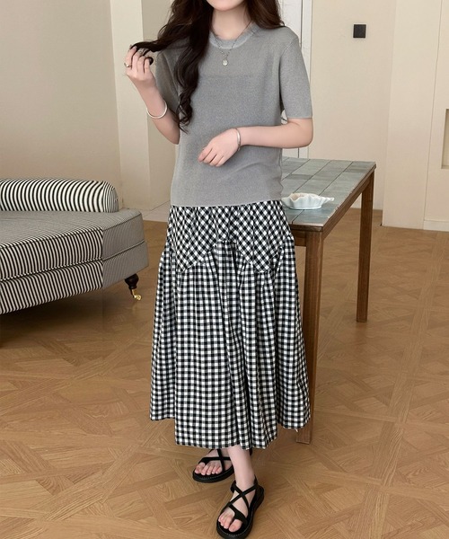 DAY CLOSET(デイ クローゼット)の「【シルエに変化を付けるラウンド切り替え】リネンライク ギンガムチェック柄 Aライン フレア スカート レディース(スカート・レディース・ブラック・FREE)」の11枚目の写真