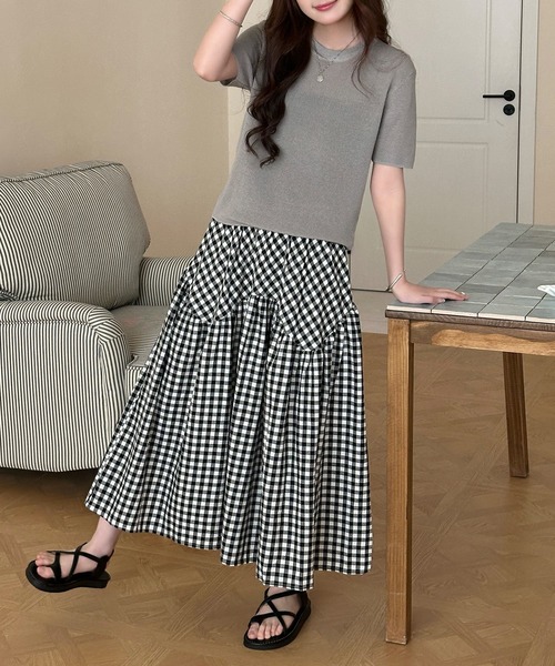 DAY CLOSET(デイ クローゼット)の「【シルエに変化を付けるラウンド切り替え】リネンライク ギンガムチェック柄 Aライン フレア スカート レディース(スカート・レディース・ブラック・FREE)」の8枚目の写真
