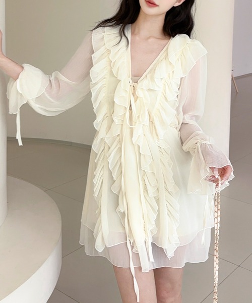 Jasmine Grandiflorum(ジャスミングランディフローラム)の「【Jasmine】ダブルラッフルシフォンワンピース (SS)(ワンピース・レディース・アイボリー・FREE)」の3枚目の写真