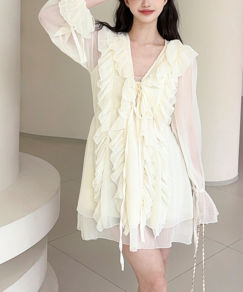 Jasmine Grandiflorum(ジャスミングランディフローラム)の「【Jasmine】ダブルラッフルシフォンワンピース (SS)(ワンピース・レディース・アイボリー・FREE)」の4枚目の写真