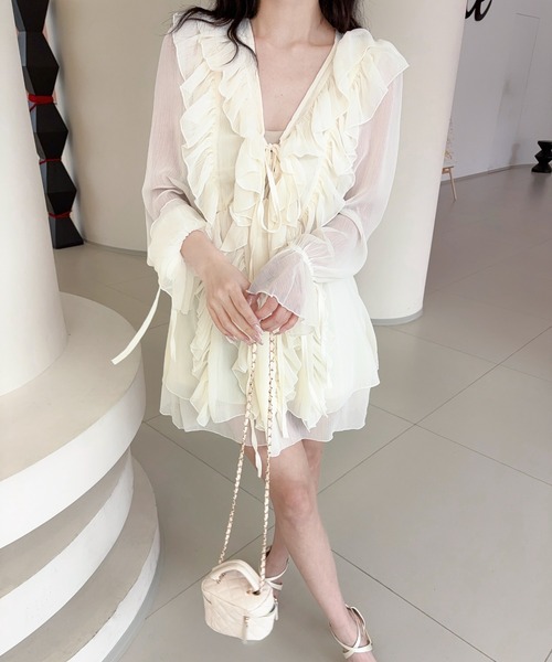 Jasmine Grandiflorum(ジャスミングランディフローラム)の「【Jasmine】ダブルラッフルシフォンワンピース (SS)(ワンピース・レディース・アイボリー・FREE)」の7枚目の写真