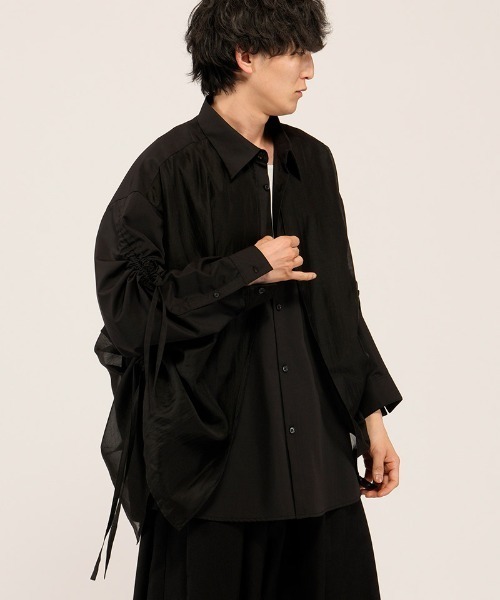 NO ID.（ノーアイディ）の「ms6485- ﾄﾞﾛｰｽﾄﾘﾝｸﾞｽﾚｲﾔｰﾄﾞSH シャツ(458006-458S)（シャツ/ブラウス・メンズ・ブラック/ブラック系その他/グレー・ONE SIZE）」の2枚目の写真