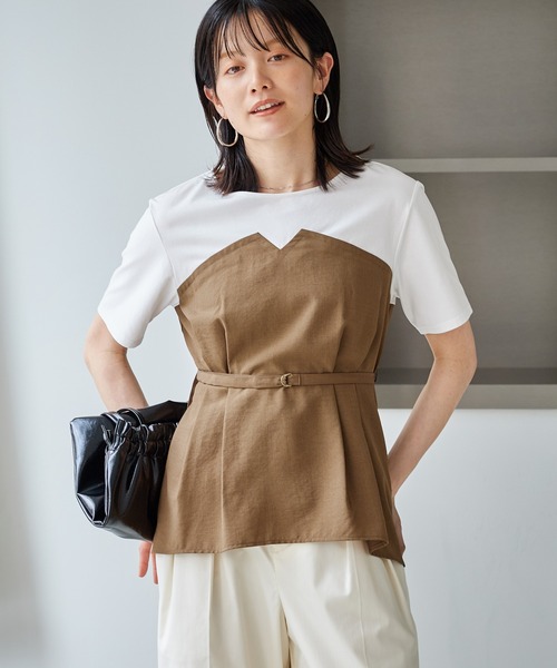 ROPE' PICNIC(ロペピクニック)の「【ちゃんと+かわいい保証】エアリーリネンライク ドッキングカットトップス/UVケア(Tシャツ/カットソー・レディース・ブラック/ベージュ/ダークブラウン/キャメル・FREE)」の1枚目の写真