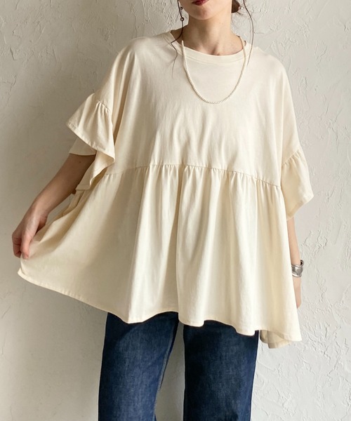 She's Closet（シーズクローゼット）の「接触冷感 綿100% 半袖 フリル袖 切り替えギャザー ペプラム ティアードTシャツ（Tシャツ/カットソー・レディース・ブラック/アイボリー/チャコールグレー・FREE）」の2枚目の写真