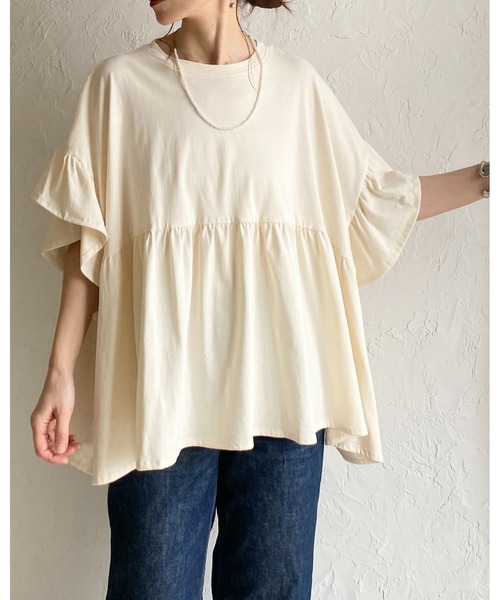 She's Closet（シーズクローゼット）の「接触冷感 綿100% 半袖 フリル袖 切り替えギャザー ペプラム ティアードTシャツ（Tシャツ/カットソー・レディース・ブラック/アイボリー/チャコールグレー・FREE）」の8枚目の写真
