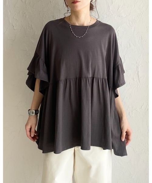 She's Closet（シーズクローゼット）の「接触冷感 綿100% 半袖 フリル袖 切り替えギャザー ペプラム ティアードTシャツ（Tシャツ/カットソー・レディース・ブラック/アイボリー/チャコールグレー・FREE）」の10枚目の写真