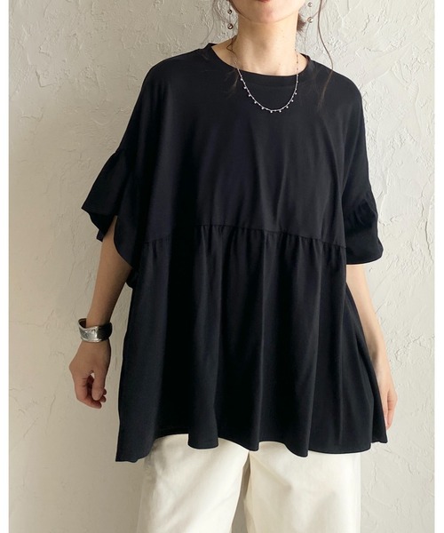 She's Closet（シーズクローゼット）の「接触冷感 綿100% 半袖 フリル袖 切り替えギャザー ペプラム ティアードTシャツ（Tシャツ/カットソー・レディース・ブラック/アイボリー/チャコールグレー・FREE）」の11枚目の写真
