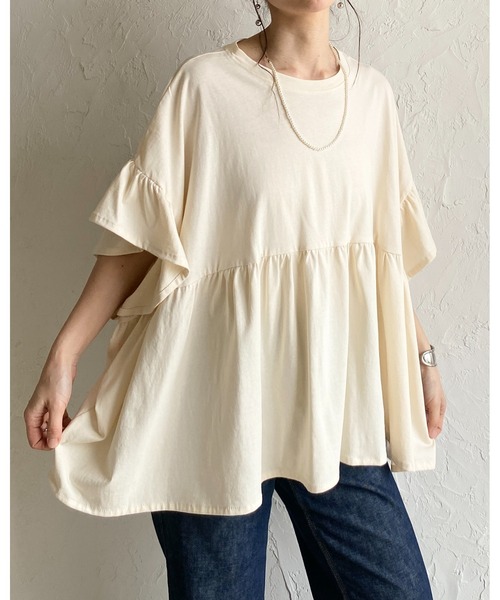 She's Closet（シーズクローゼット）の「接触冷感 綿100% 半袖 フリル袖 切り替えギャザー ペプラム ティアードTシャツ（Tシャツ/カットソー・レディース・ブラック/アイボリー/チャコールグレー・FREE）」の12枚目の写真