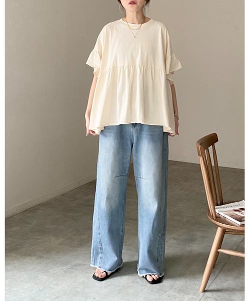 She's Closet（シーズクローゼット）の「接触冷感 綿100% 半袖 フリル袖 切り替えギャザー ペプラム ティアードTシャツ（Tシャツ/カットソー・レディース・ブラック/アイボリー/チャコールグレー・FREE）」の13枚目の写真