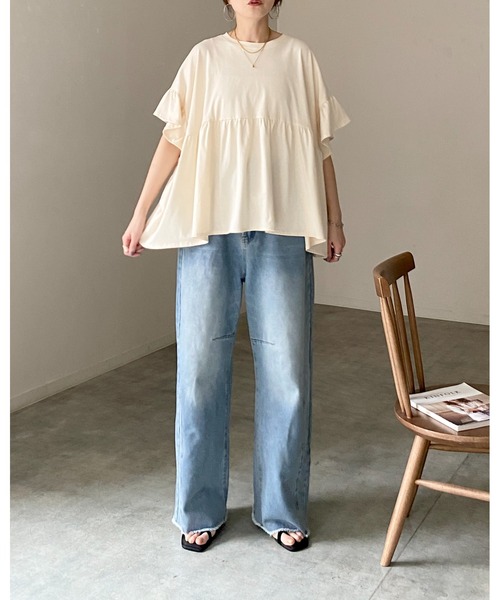 She's Closet（シーズクローゼット）の「接触冷感 綿100% 半袖 フリル袖 切り替えギャザー ペプラム ティアードTシャツ（Tシャツ/カットソー・レディース・ブラック/アイボリー/チャコールグレー・FREE）」の14枚目の写真