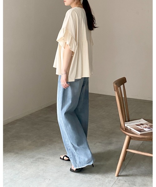 She's Closet（シーズクローゼット）の「接触冷感 綿100% 半袖 フリル袖 切り替えギャザー ペプラム ティアードTシャツ（Tシャツ/カットソー・レディース・ブラック/アイボリー/チャコールグレー・FREE）」の15枚目の写真