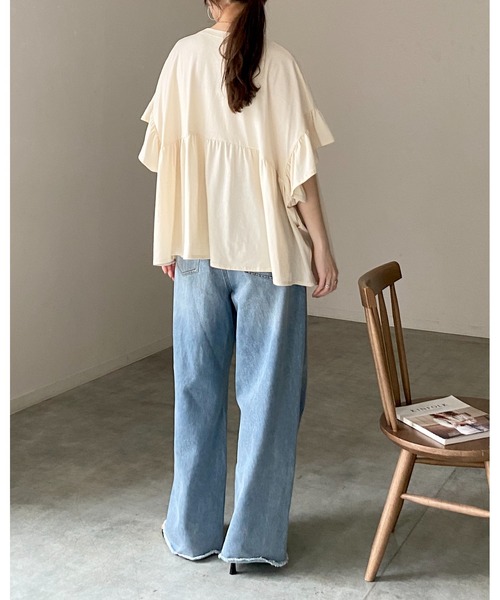 She's Closet（シーズクローゼット）の「接触冷感 綿100% 半袖 フリル袖 切り替えギャザー ペプラム ティアードTシャツ（Tシャツ/カットソー・レディース・ブラック/アイボリー/チャコールグレー・FREE）」の16枚目の写真
