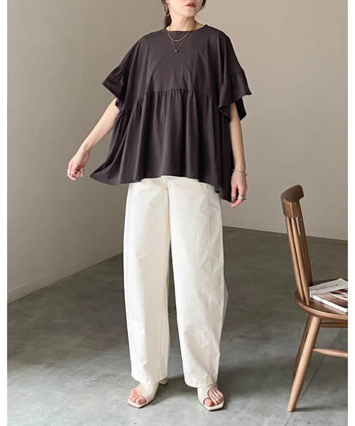 She's Closet（シーズクローゼット）の「接触冷感 綿100% 半袖 フリル袖 切り替えギャザー ペプラム ティアードTシャツ（Tシャツ/カットソー・レディース・ブラック/アイボリー/チャコールグレー・FREE）」の17枚目の写真