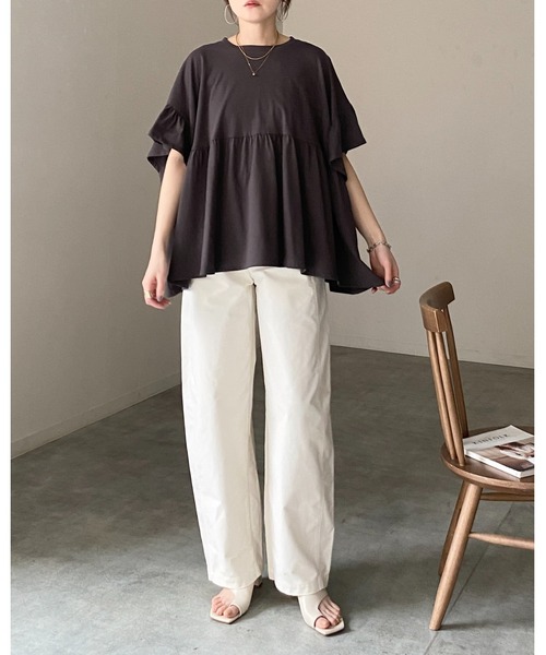 She's Closet（シーズクローゼット）の「接触冷感 綿100% 半袖 フリル袖 切り替えギャザー ペプラム ティアードTシャツ（Tシャツ/カットソー・レディース・ブラック/アイボリー/チャコールグレー・FREE）」の18枚目の写真
