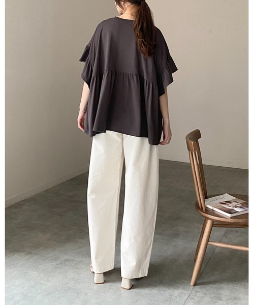 She's Closet（シーズクローゼット）の「接触冷感 綿100% 半袖 フリル袖 切り替えギャザー ペプラム ティアードTシャツ（Tシャツ/カットソー・レディース・ブラック/アイボリー/チャコールグレー・FREE）」の19枚目の写真