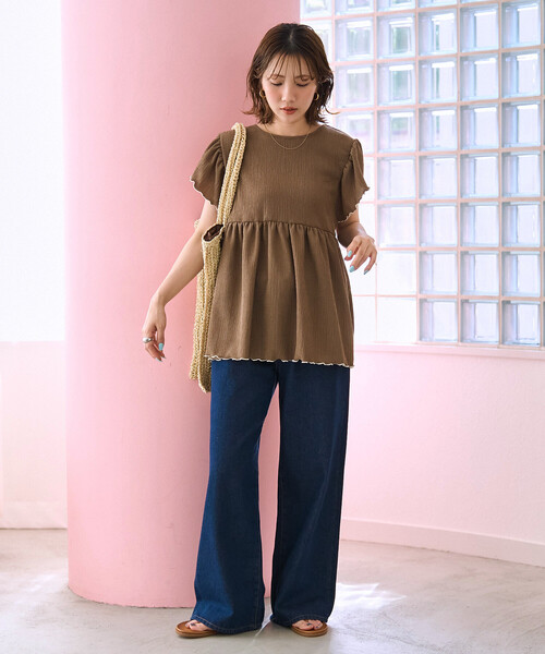 FREAK'S STORE(フリークスストア)の「限定展開 配色 メロー バック リボン ギャザー 楊柳 トップス(前後2way)(シャツ/ブラウス・レディース・ブラウン/ナチュラル/ブルーグリーン/ブラック・フリ-)」の7枚目の写真