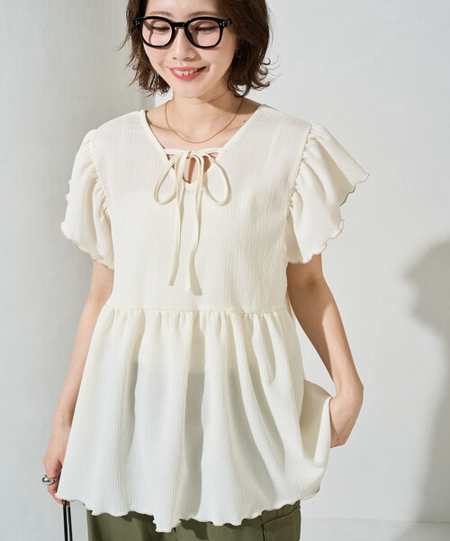 FREAK'S STORE（フリークスストア）の「限定展開　配色 メロー バック リボン ギャザー 楊柳 トップス(前後2way)（シャツ/ブラウス・レディース・ブラウン/ナチュラル/ブルーグリーン/ブラック・ﾌﾘ-）」の13枚目の写真