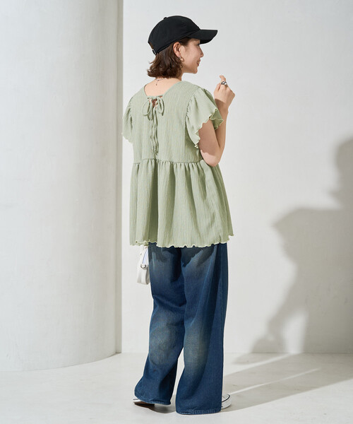 FREAK'S STORE（フリークスストア）の「限定展開　配色 メロー バック リボン ギャザー 楊柳 トップス(前後2way)（シャツ/ブラウス・レディース・ブラウン/ナチュラル/ブルーグリーン/ブラック・ﾌﾘ-）」の18枚目の写真
