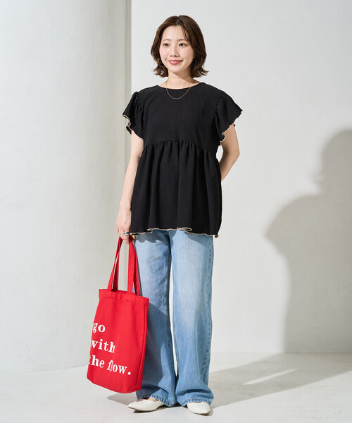 限定展開 配色 メロー バック リボン ギャザー 楊柳 トップス(前後2way