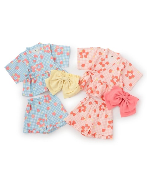 KP DECO（ケーピーデコ）の「いちご柄 甚平･帯付き（浴衣・キッズ・ピンク/サックスブルー・80ｃｍ/90cm/100cm/110cm）」の5枚目の写真