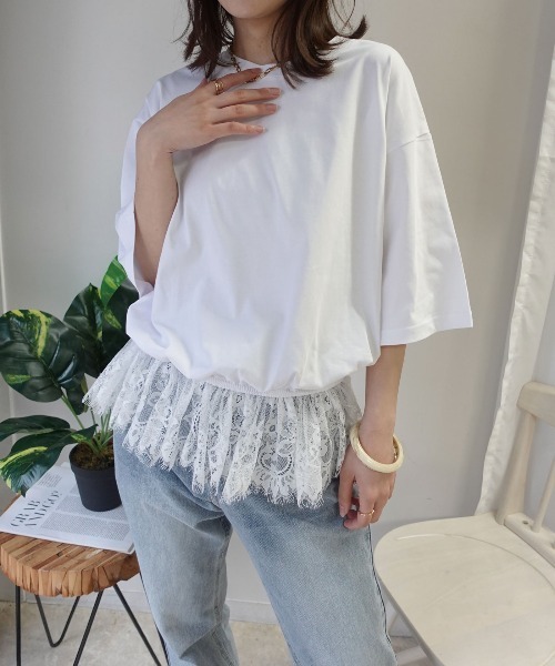CORNERS（コーナーズ）の「【機能素材】裾レースTシャツ【接触冷感】【UV加工】【吸水速乾】（Tシャツ/カットソー・レディース・ブルー/ブラック/ホワイト/キャメル・M）」の2枚目の写真
