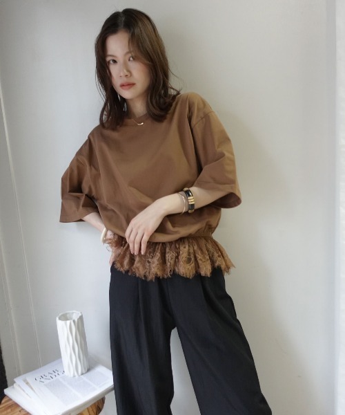 CORNERS（コーナーズ）の「【機能素材】裾レースTシャツ【接触冷感】【UV加工】【吸水速乾】（Tシャツ/カットソー・レディース・ブルー/ブラック/ホワイト/キャメル・M）」の15枚目の写真