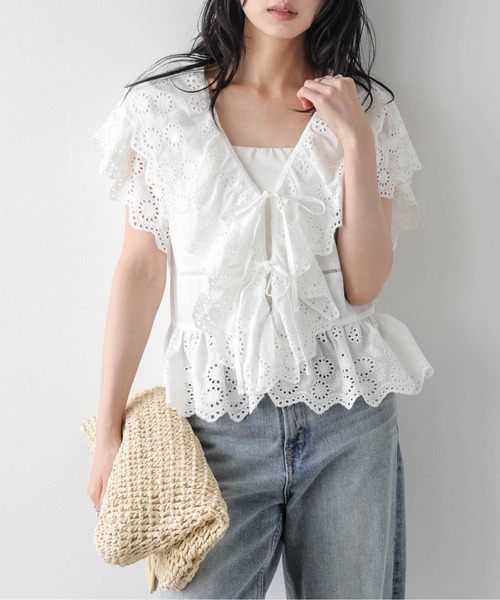 AMELY(エミリー)の「フロントリボン スカラップ レースブラウス(シャツ/ブラウス・レディース・イエロー/ホワイト/ブラック・フリー)」の5枚目の写真