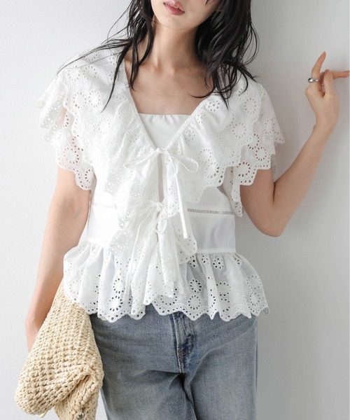 AMELY(エミリー)の「フロントリボン スカラップ レースブラウス(シャツ/ブラウス・レディース・イエロー/ホワイト/ブラック・フリー)」の10枚目の写真