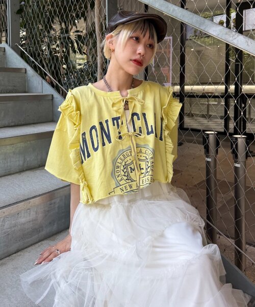 w closet(ダブルクローゼット)の「【4色展開】前リボンカレッジTee(Tシャツ/カットソー・レディース・ネイビー/イエロー/ブラック/アイボリー・FREE)」の4枚目の写真