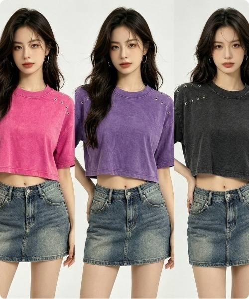 I.O.E(アイオイ)の「【韓国トレンド】アイレットデザイン クロップドトップス(Tシャツ/カットソー・レディース・ブラウン/ブラック/ピンク/グレー/ベージュ/パープル・FREE)」の5枚目の写真