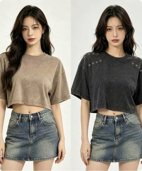 I.O.E(アイオイ)の「【韓国トレンド】アイレットデザイン クロップドトップス(Tシャツ/カットソー・レディース・ブラウン/ブラック/ピンク/グレー/ベージュ/パープル・FREE)」の19枚目の写真