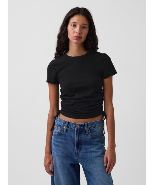 GAP(ギャップ)の「クロースニット ジャージー GAPロゴ ルーシュ サイドタイTシャツ(Tシャツ/カットソー・レディース・ホワイト/ブラック/ブラウン・XS/XXS/XL/L/M/S)」の3枚目の写真