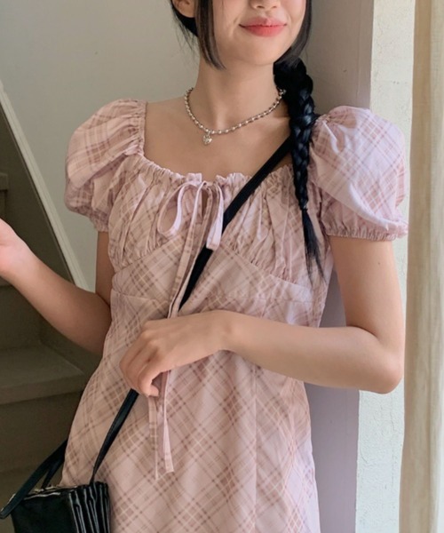 almo（アルモ）の「【TUNE】チェック柄パフリーブワンピース（ワンピース・レディース・ピンク・FREE）」の9枚目の写真
