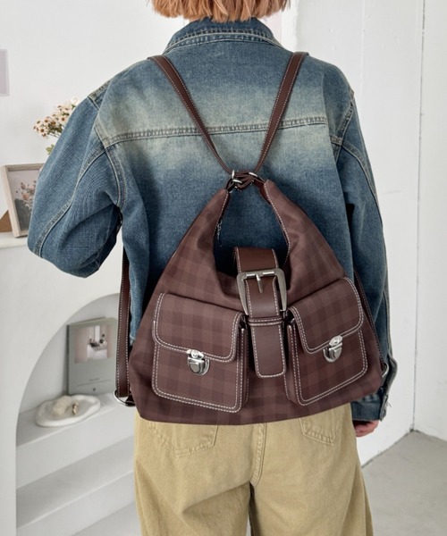 SOLLON.（ソルロン）の「ダブルポケット3WAYチェックショルダーバッグ（ショルダーバッグ・レディース・アイボリー/レッド/ブラック/ブラウン・FREE）」の3枚目の写真