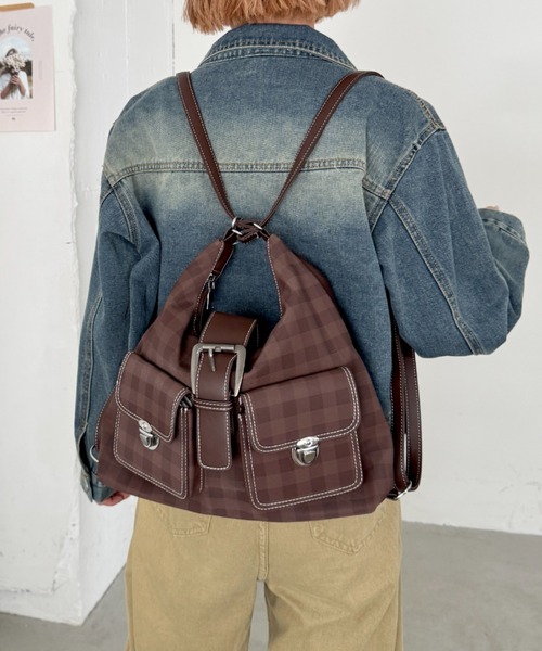 SOLLON.（ソルロン）の「ダブルポケット3WAYチェックショルダーバッグ（ショルダーバッグ・レディース・アイボリー/レッド/ブラック/ブラウン・FREE）」の9枚目の写真