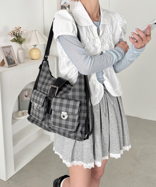 SOLLON.（ソルロン）の「ダブルポケット3WAYチェックショルダーバッグ（ショルダーバッグ・レディース・アイボリー/レッド/ブラック/ブラウン・FREE）」の5枚目の写真