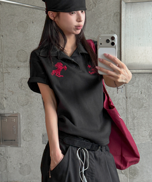 LANARCHIVE（ランアーカイブ）の「[0144] ワイルドホースピケ半袖Tシャツ - ブラック（ポロシャツ・レディース・ブラック・FREE）」の7枚目の写真